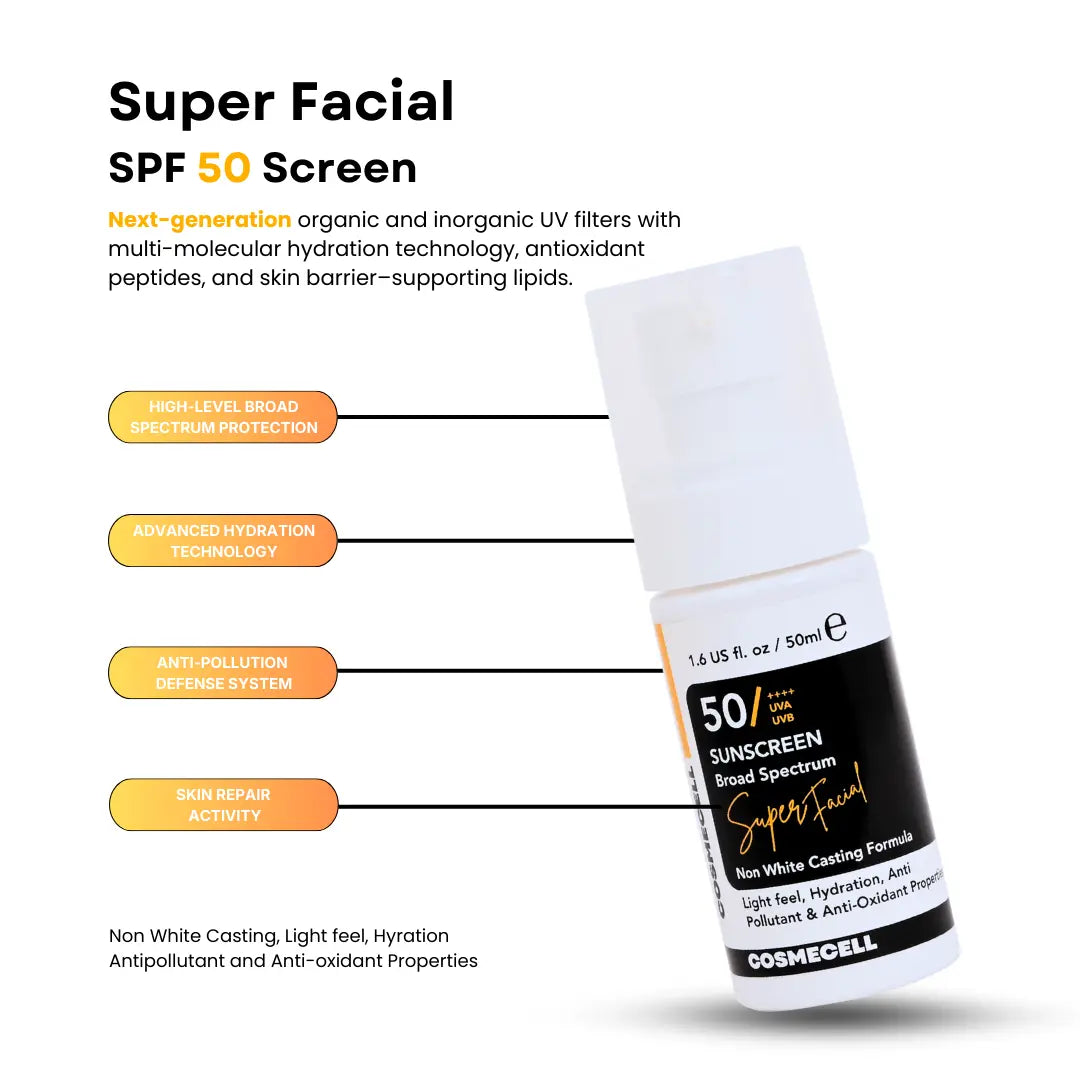 Cosmecell super facial sunscreen broad spectrum 50+++ Non white casting Cosmecell
