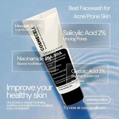 Facewash Clear Skin AHA-BHA Deep Cleansing Acne Control for Radiant Skin - AHA-BHA Deep Cleansing Facewash - Cosmecell