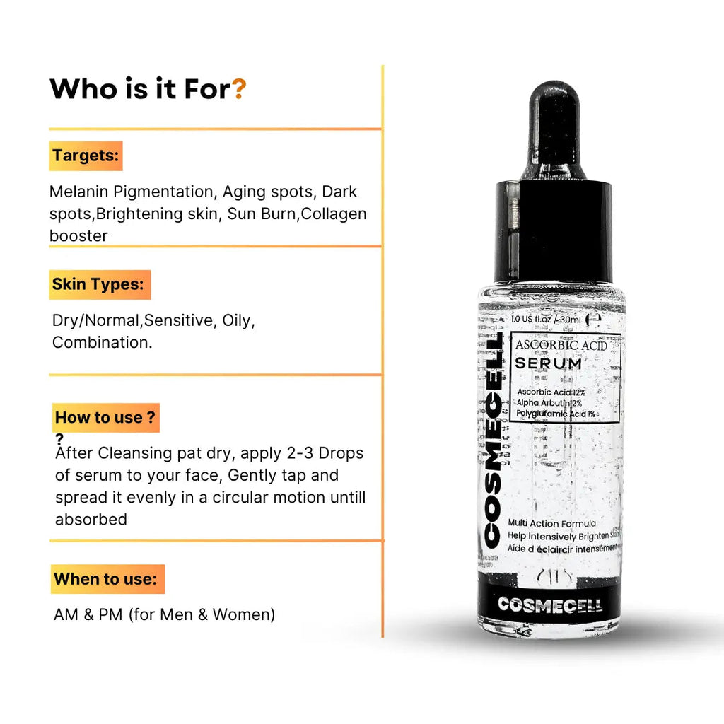 Brightening Serum Vitamin C with 12% Vitamin C and 1% PGA for Radiant Skin - Cosmecell