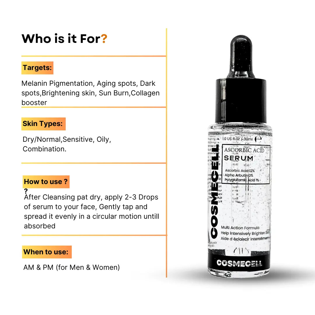 Brightening Serum Vitamin C with 12% Vitamin C and 1% PGA for Radiant Skin - Cosmecell