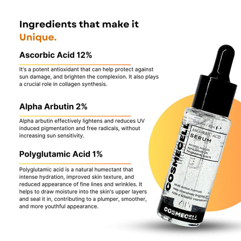 Brightening Serum Vitamin C with 12% Vitamin C and 1% PGA for Radiant Skin - Cosmecell