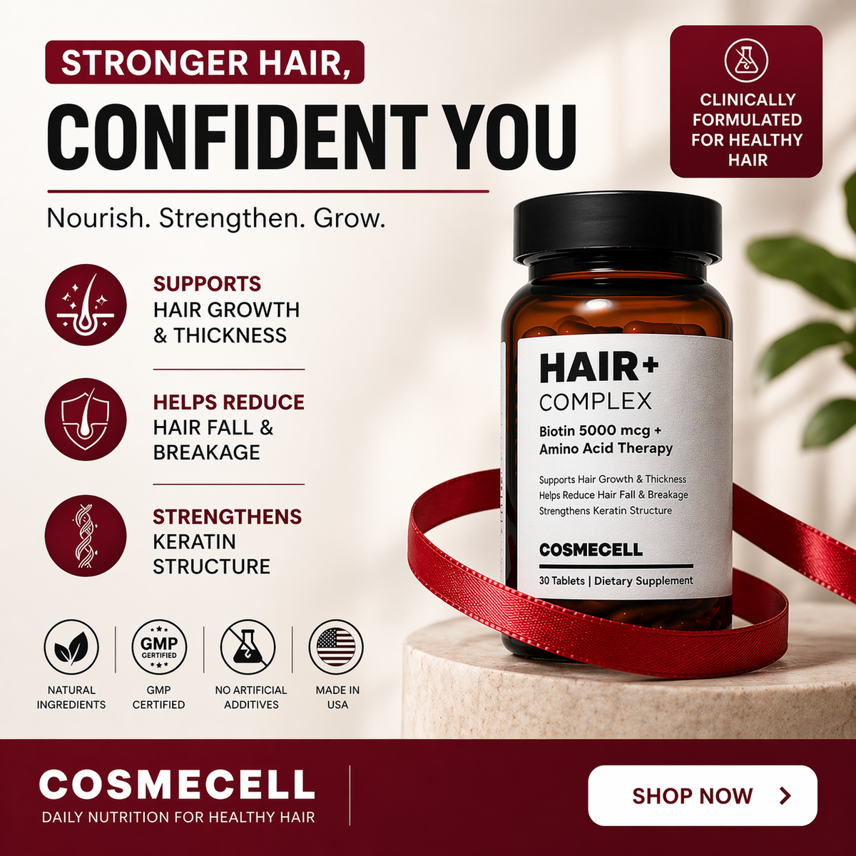 Hair Growth Supplement with Biotin 5000 mcg | Hair Fall Control & Keratin Support | COSMECELL Hair+ Complex Cosmecell
