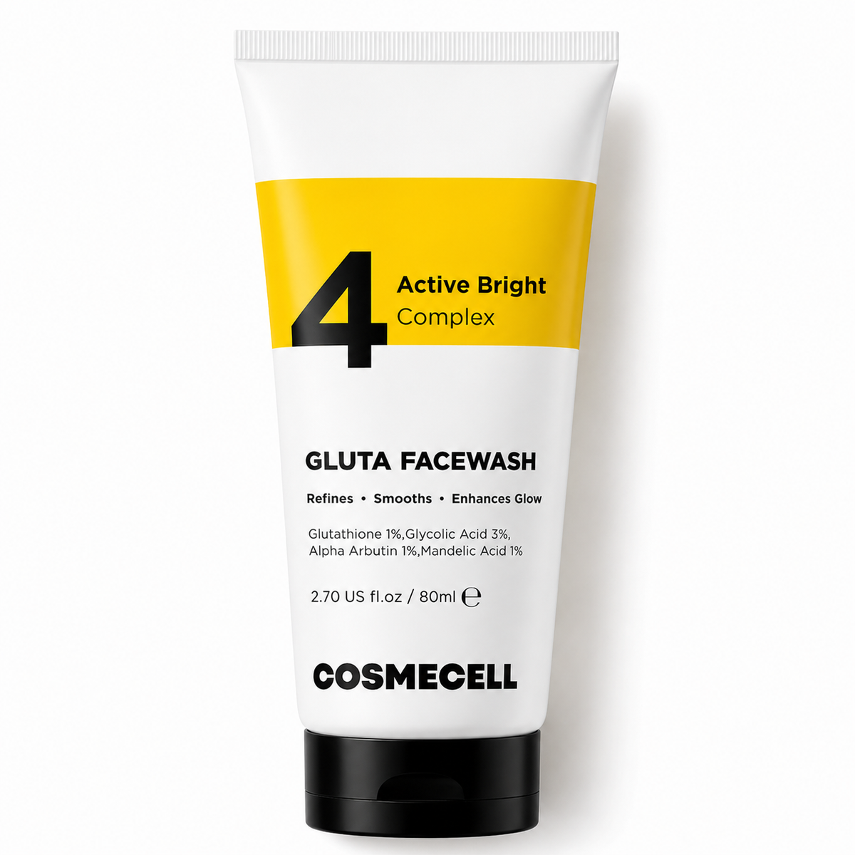 COSMECELL 4 Active Bright Complex Gluta Facewash  Glutathione, Glycolic Acid, Alpha Arbutin & Mandelic Acid Brightening Cleanser  Skin Glow & Pigmentation Control | 80ml Cosmecell